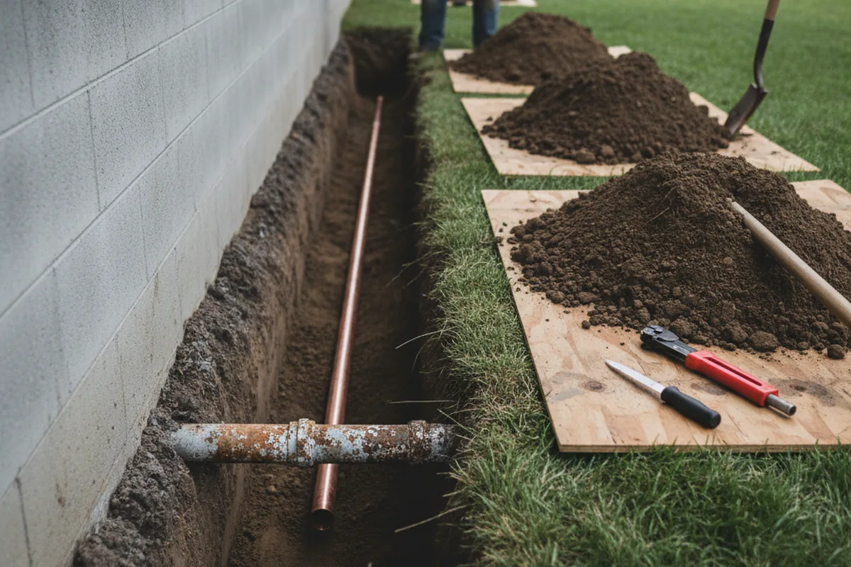 Excavated water line trench during Water Softener Installation in Elmwood